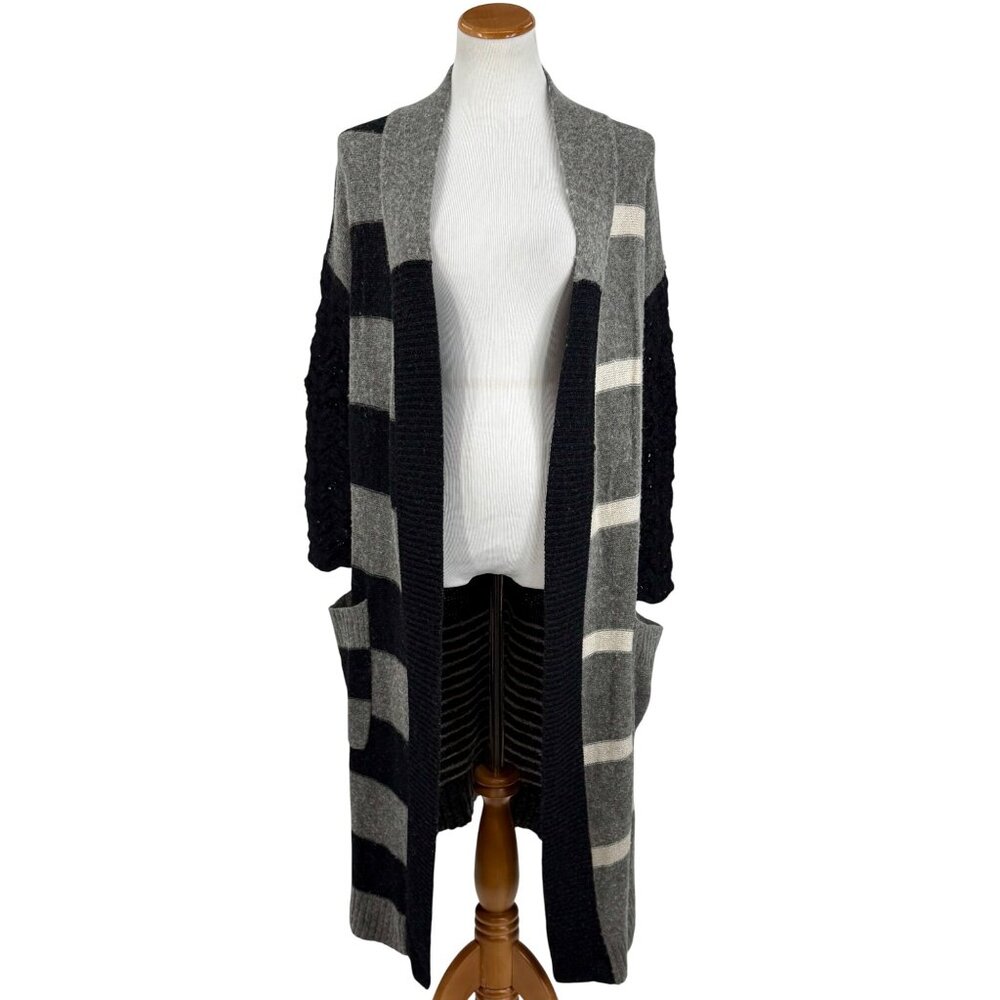Free People Black Gray Striped Floral Knit Long Cardigan S | Boho Grunge Fairy - Picture 3 of 16